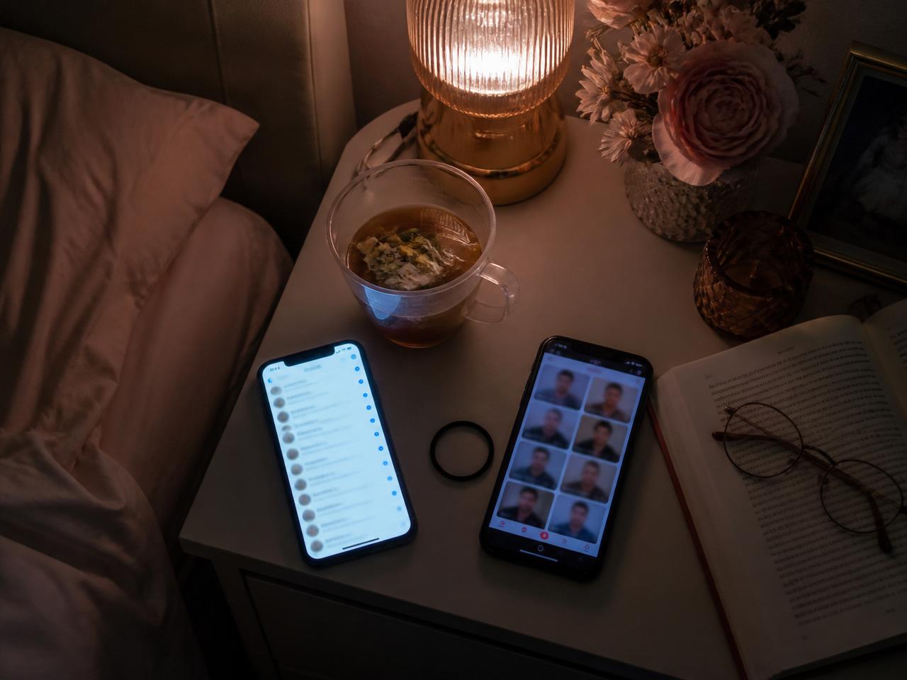 Comodino di notte: due smartphone accesi con chat e app di incontri, tisana fredda, libro non letto — il caos delle serate perse sulle app