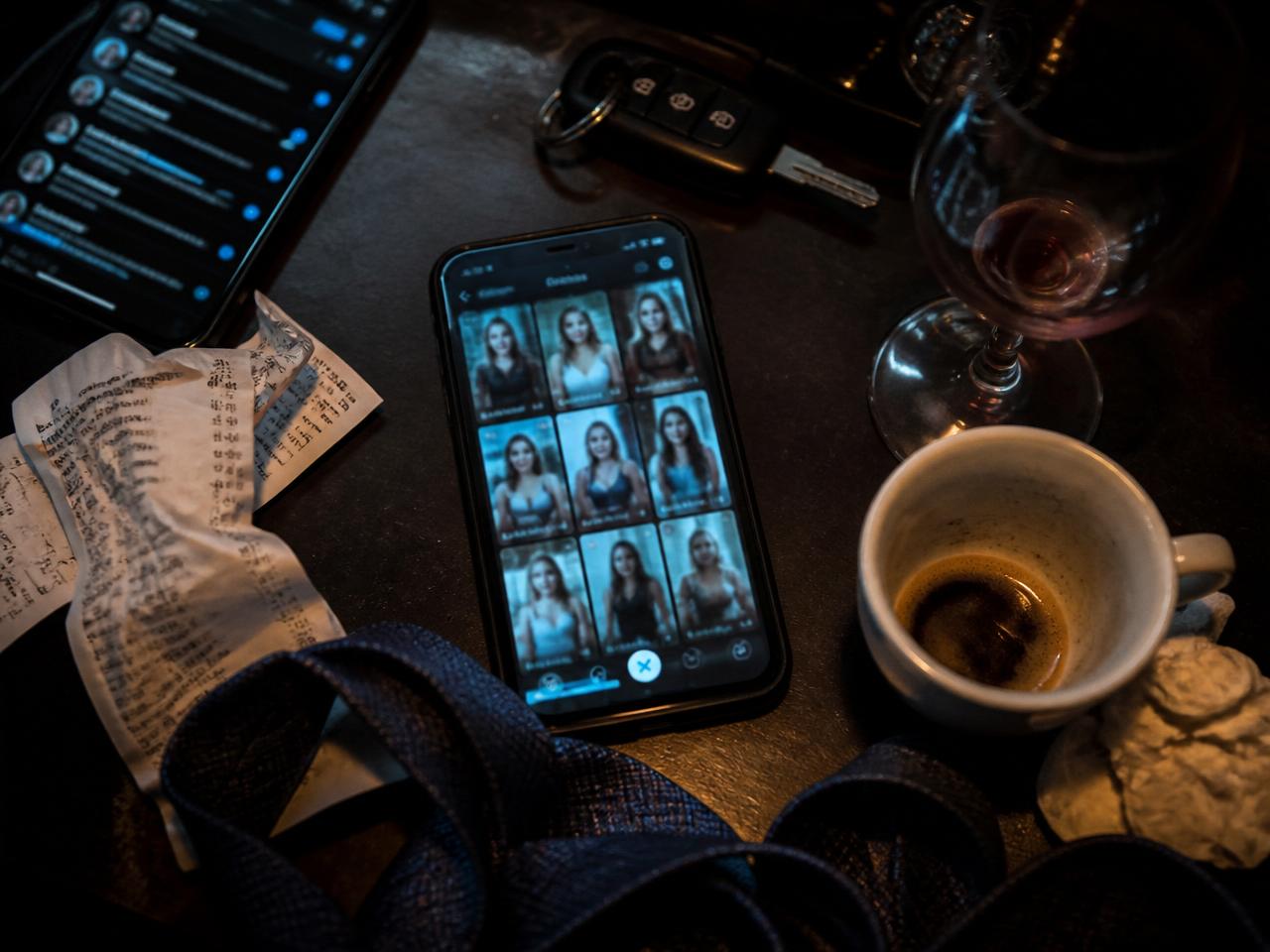 Scrivania notturna: due smartphone accesi con app di incontri e chat, caffè freddo, calice vuoto — il caos delle serate perse sulle app