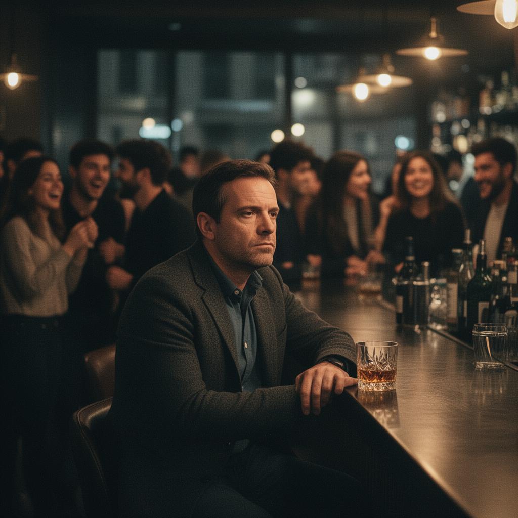 Uomo solo al bancone di un bar affollato, espressione disillusa mentre gli altri socializzano