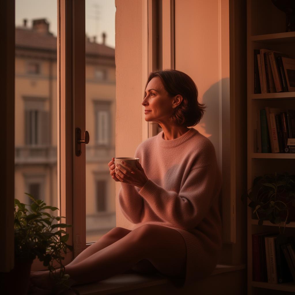 Donna adulta sola alla finestra di casa al tramonto, con una tazza di tè, sguardo riflessivo