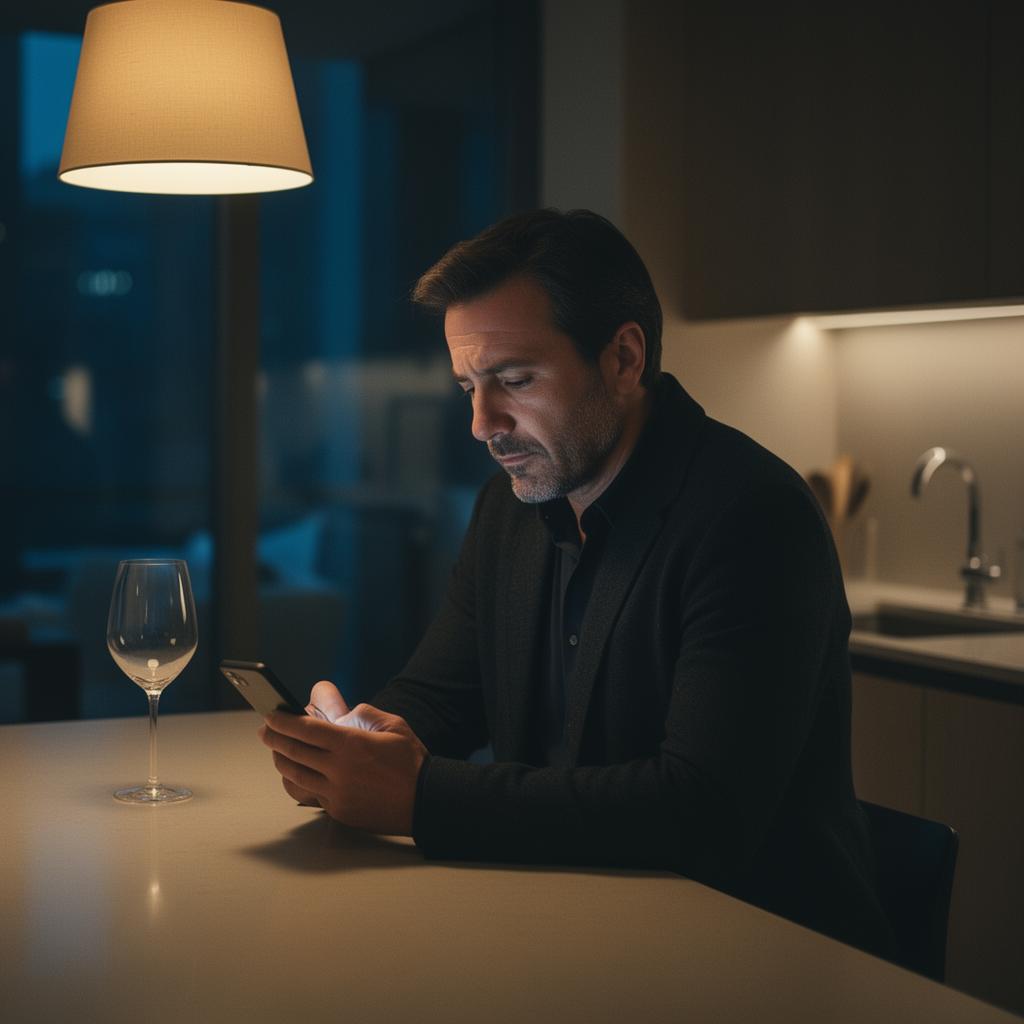 Uomo adulto a casa la sera, telefono in mano, espressione stanca davanti a un'app di incontri